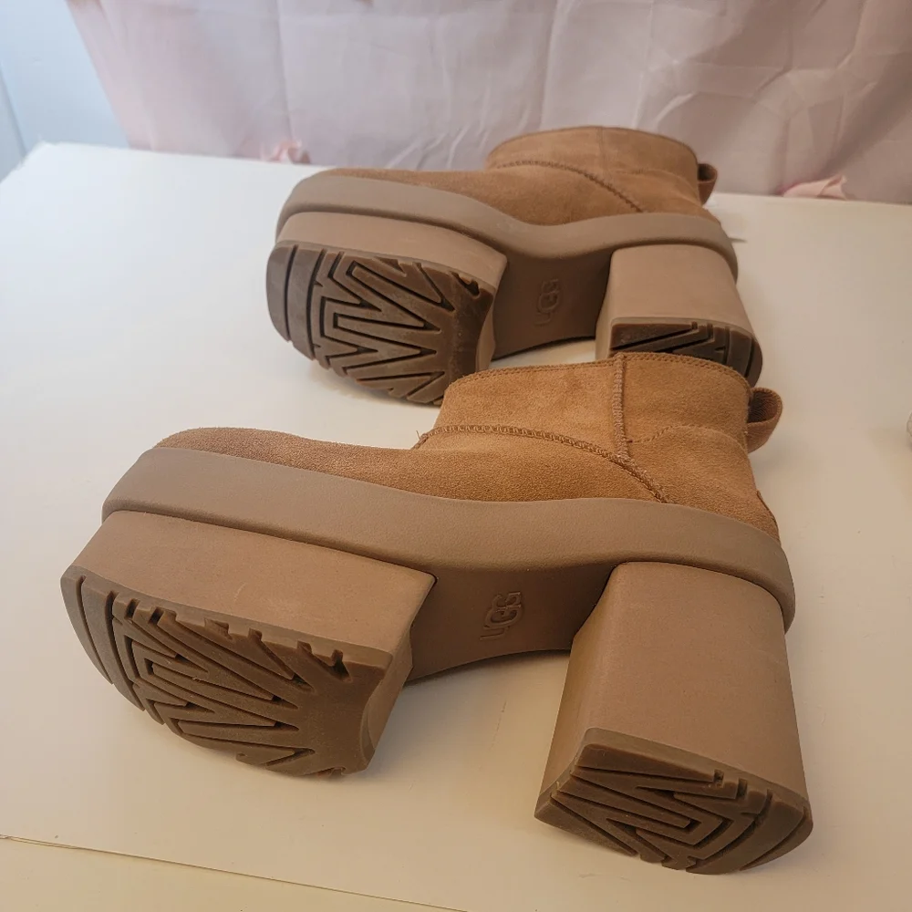 Nwt UGG New Heights Platform Mini Boots Chestnut Suede Womens 9.5 Authentic - Picture 12 of 14